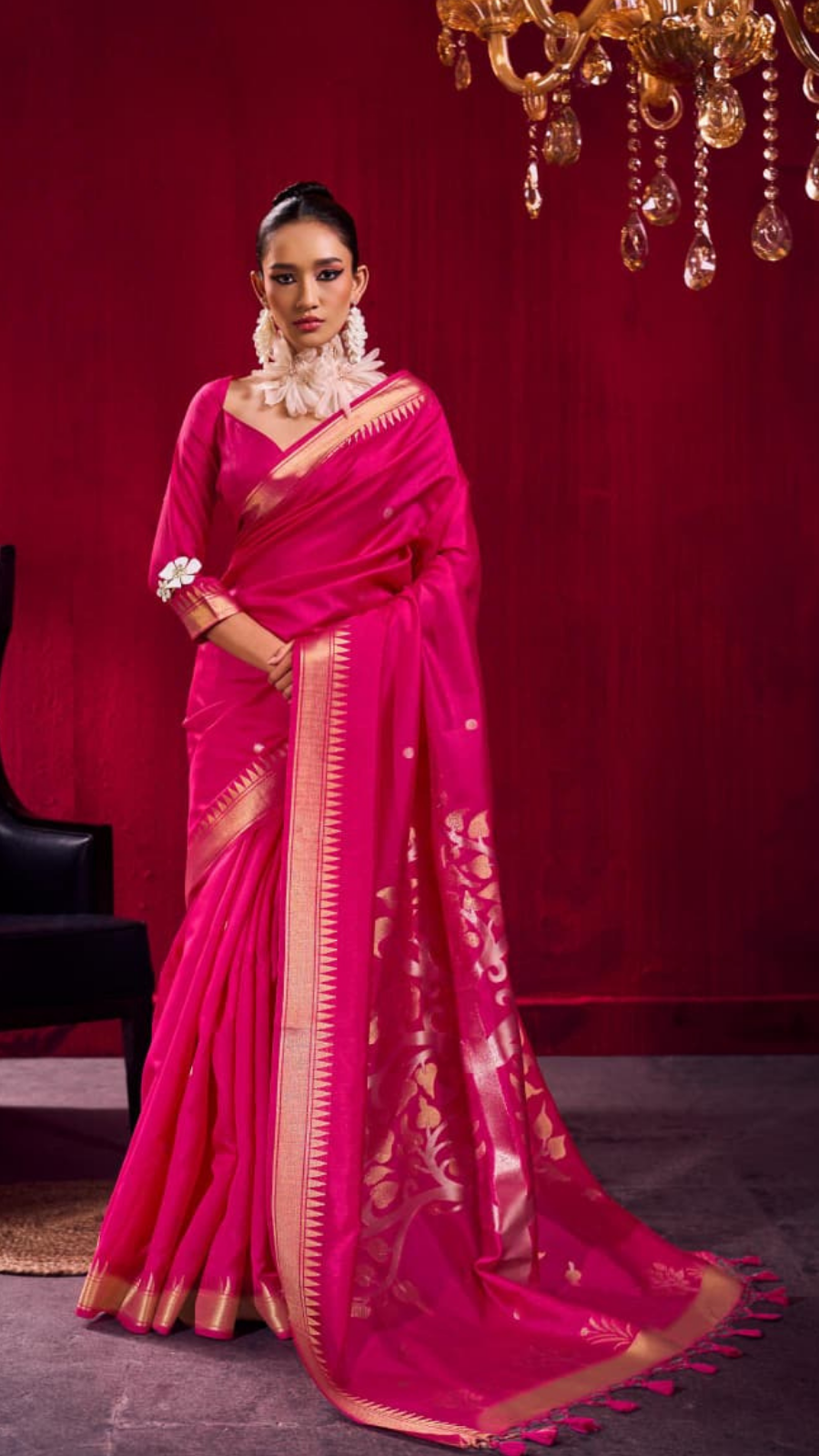Pink Temple Tree Tussar Silk Saree