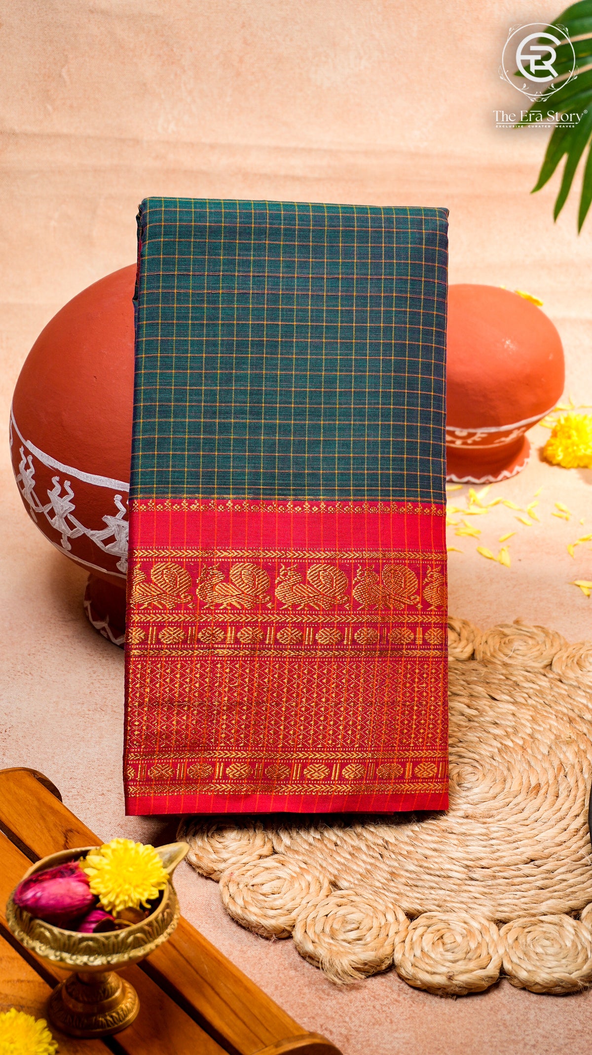 Forest Green & Red Checkered Zari Peacock Border Handloom Narayanpet Cotton Saree