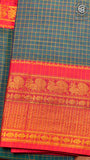 Forest Green & Red Checkered Zari Peacock Border Handloom Narayanpet Cotton Saree
