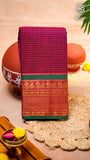 Purplish Pink & Red Checkered Zari Peacock Border Handloom Narayanpet Cotton Saree