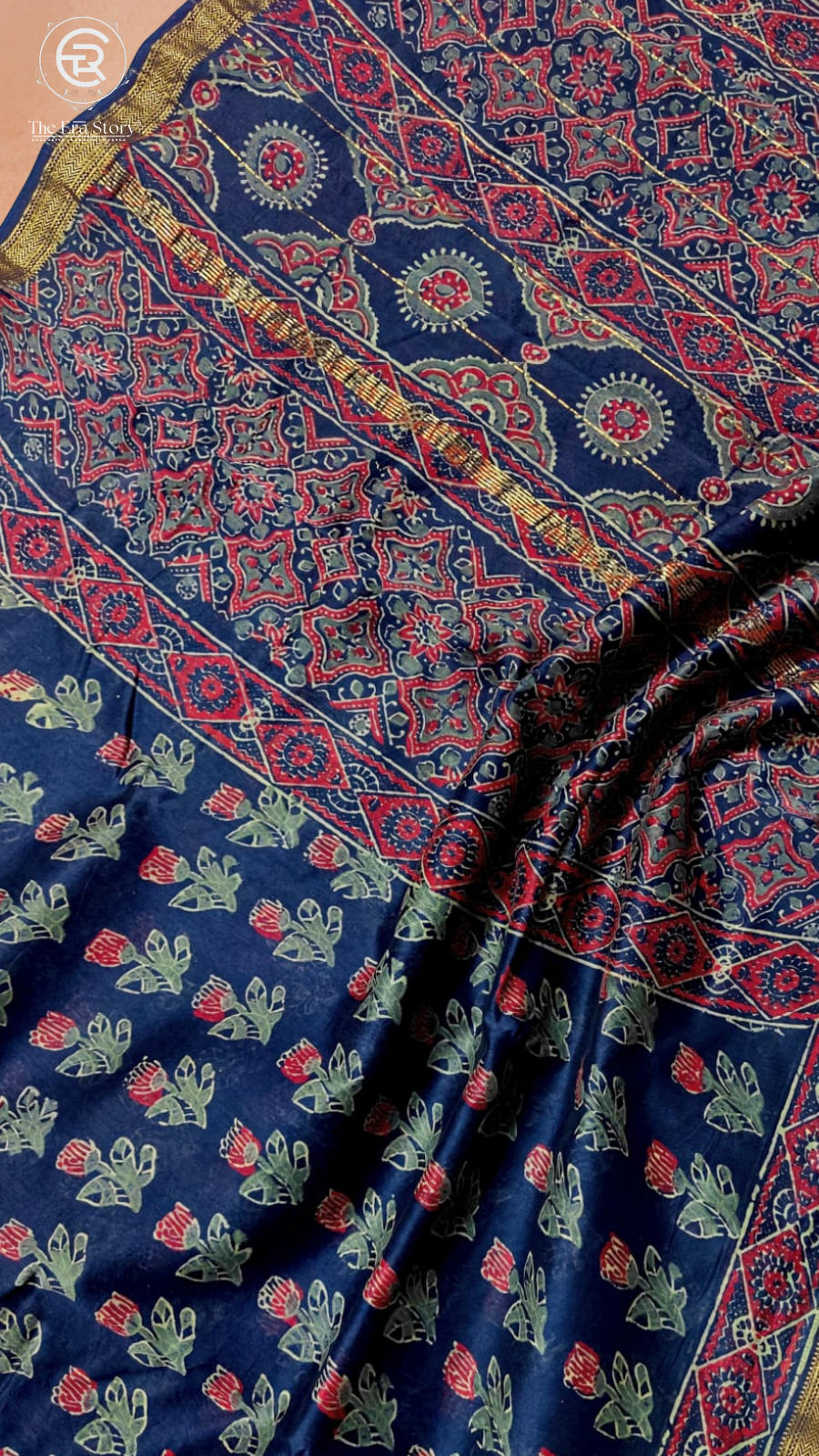 Blue Ajrakh Floral Handblocked Pure Maheshwari Cotton Sarees