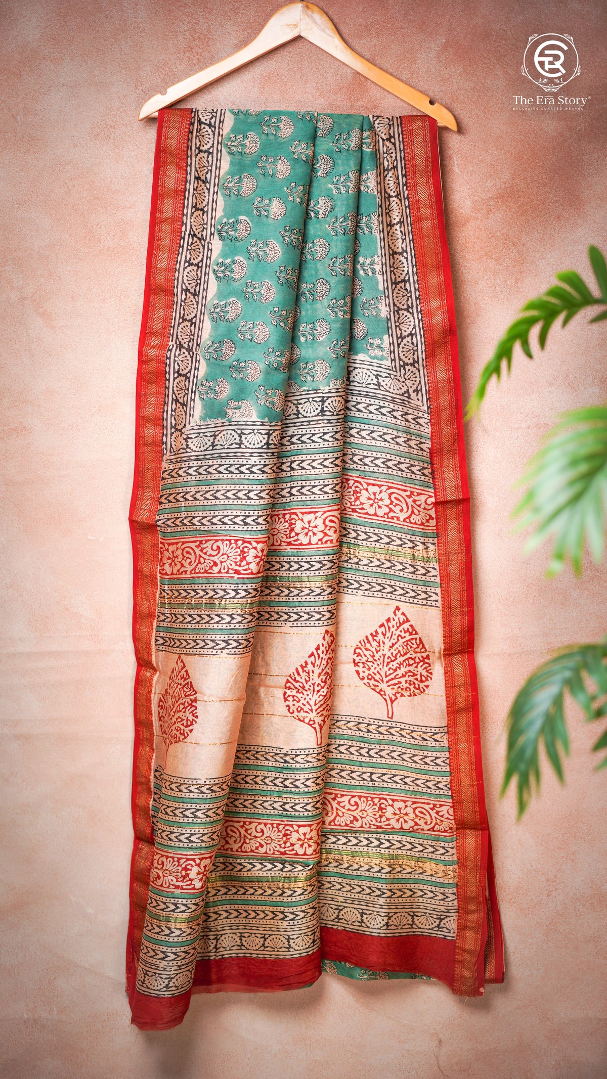 Sea Green & Red Floral Handblocked Pure Maheshwari Cotton Saree