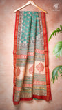Sea Green & Red Floral Handblocked Pure Maheshwari Cotton Saree