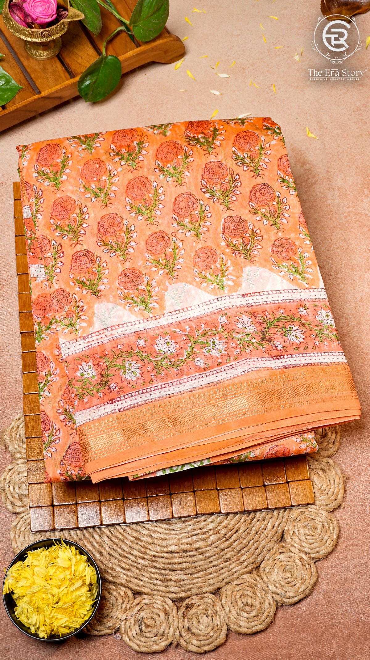 Orange Floral Handblocked Pure Maheshwari Cotton Sarees