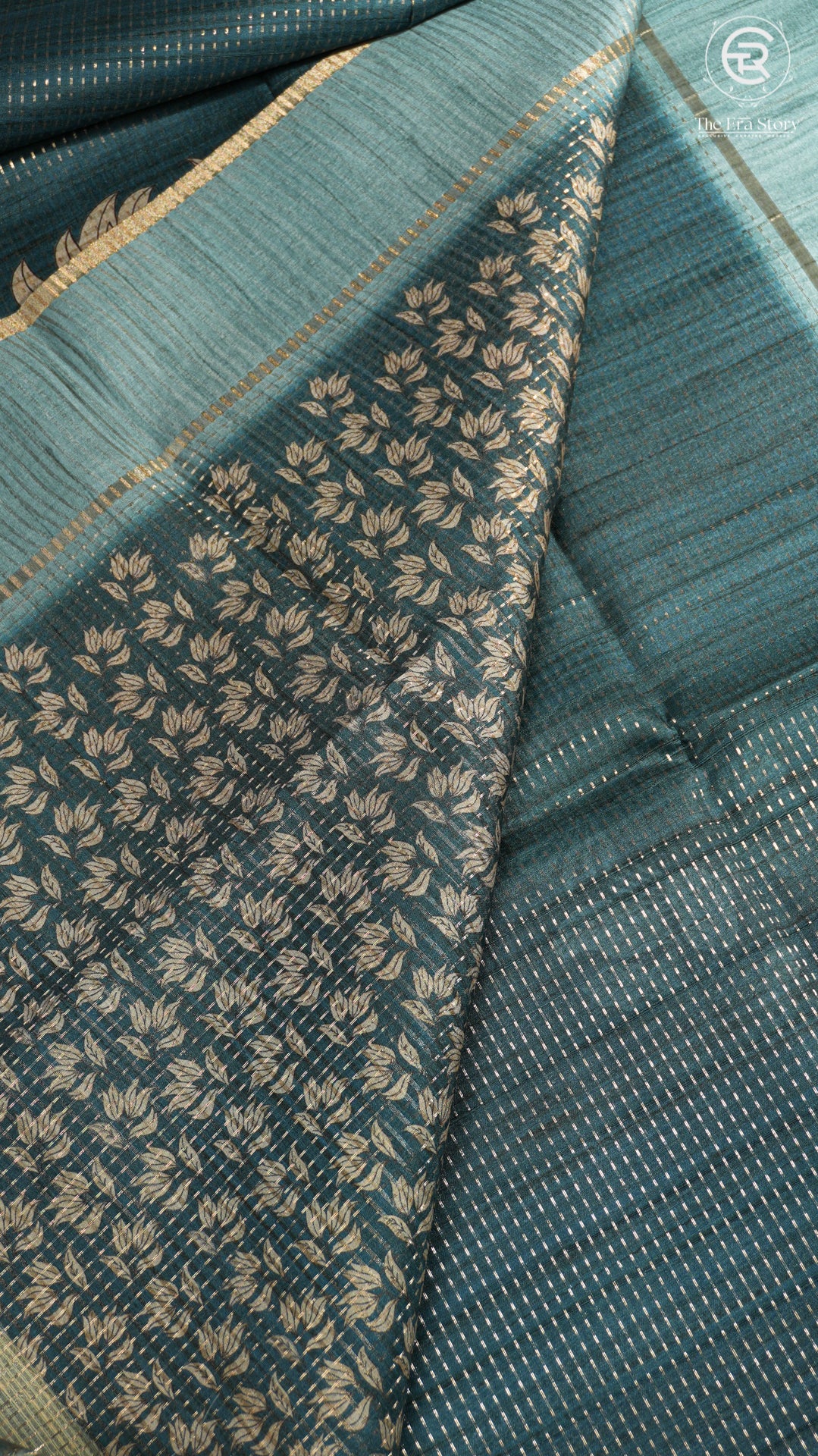 Teal Blue Floral Kantha Matka Tussar Silk Saree