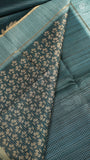 Teal Blue Floral Kantha Matka Tussar Silk Saree