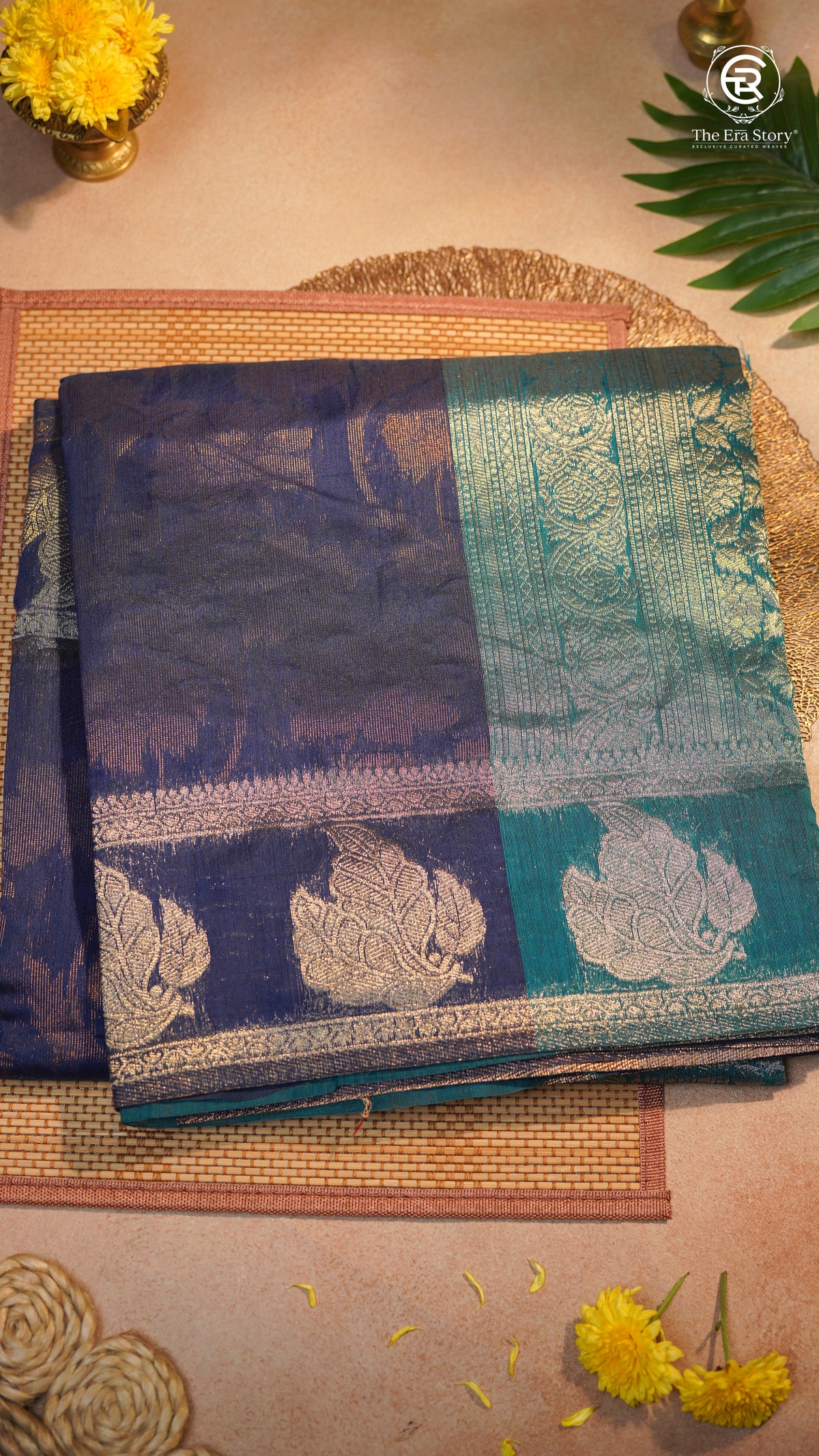 Blue & Green Floral Handloom Weaving Silk Cotton Saree