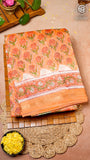 Orange Floral Handblocked Pure Maheshwari Cotton Sarees