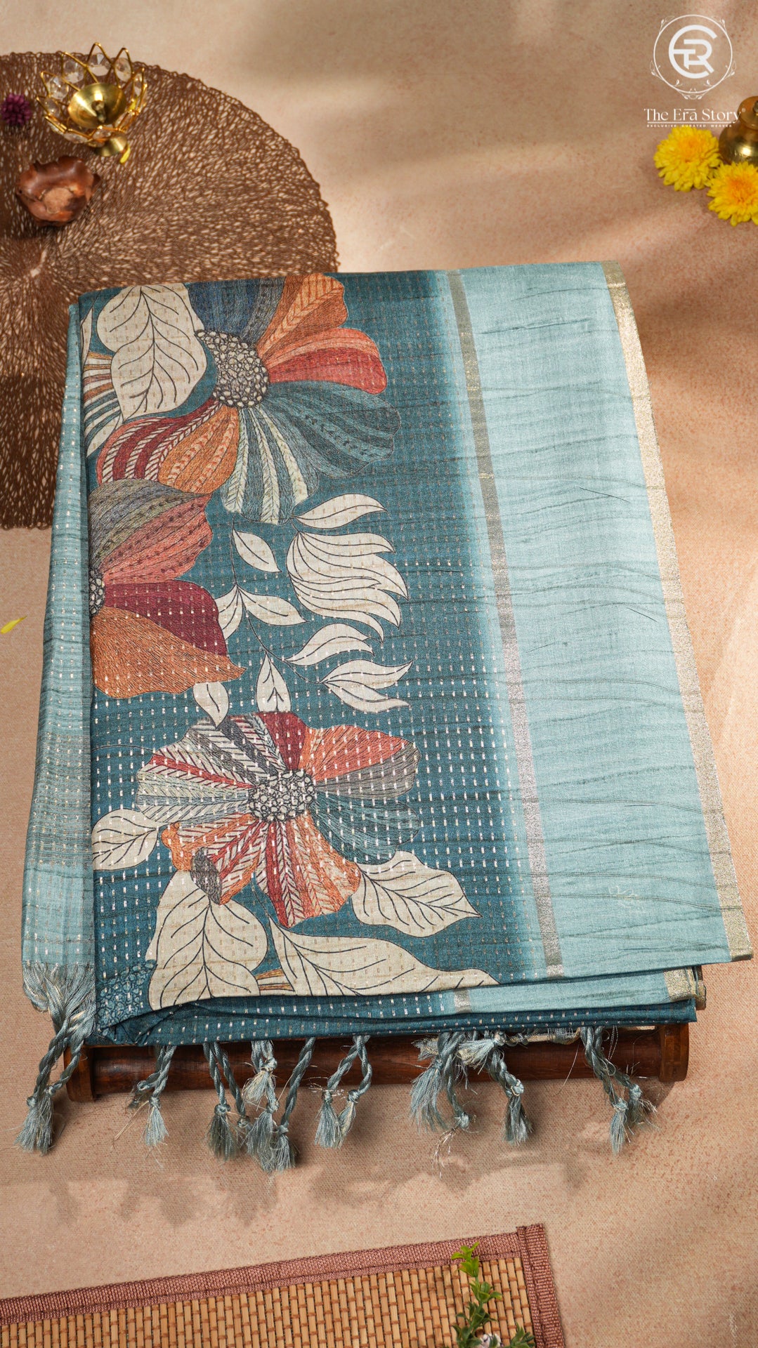 Teal Blue Floral Kantha Matka Tussar Silk Saree
