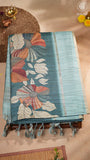 Teal Blue Floral Kantha Matka Tussar Silk Saree