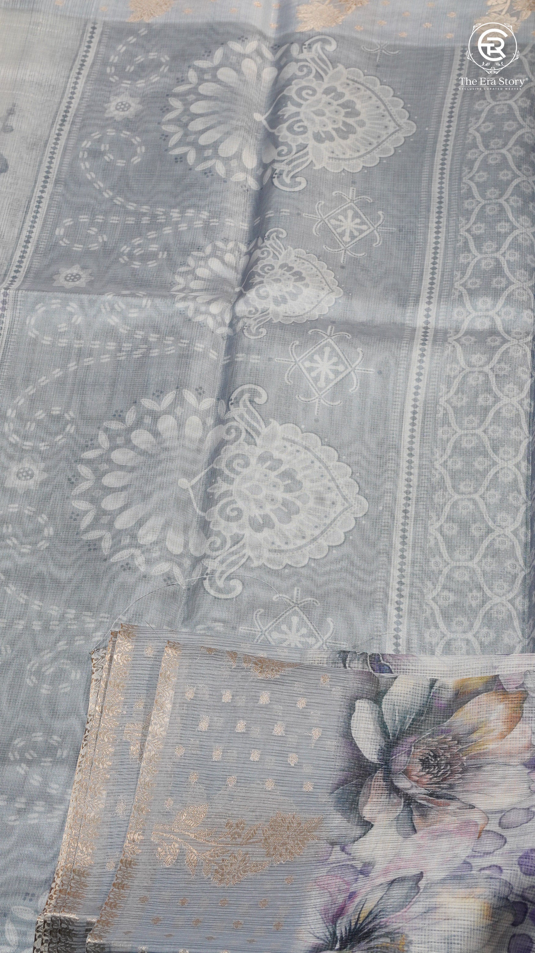 Grey Lotus Floral Kota Doria Saree