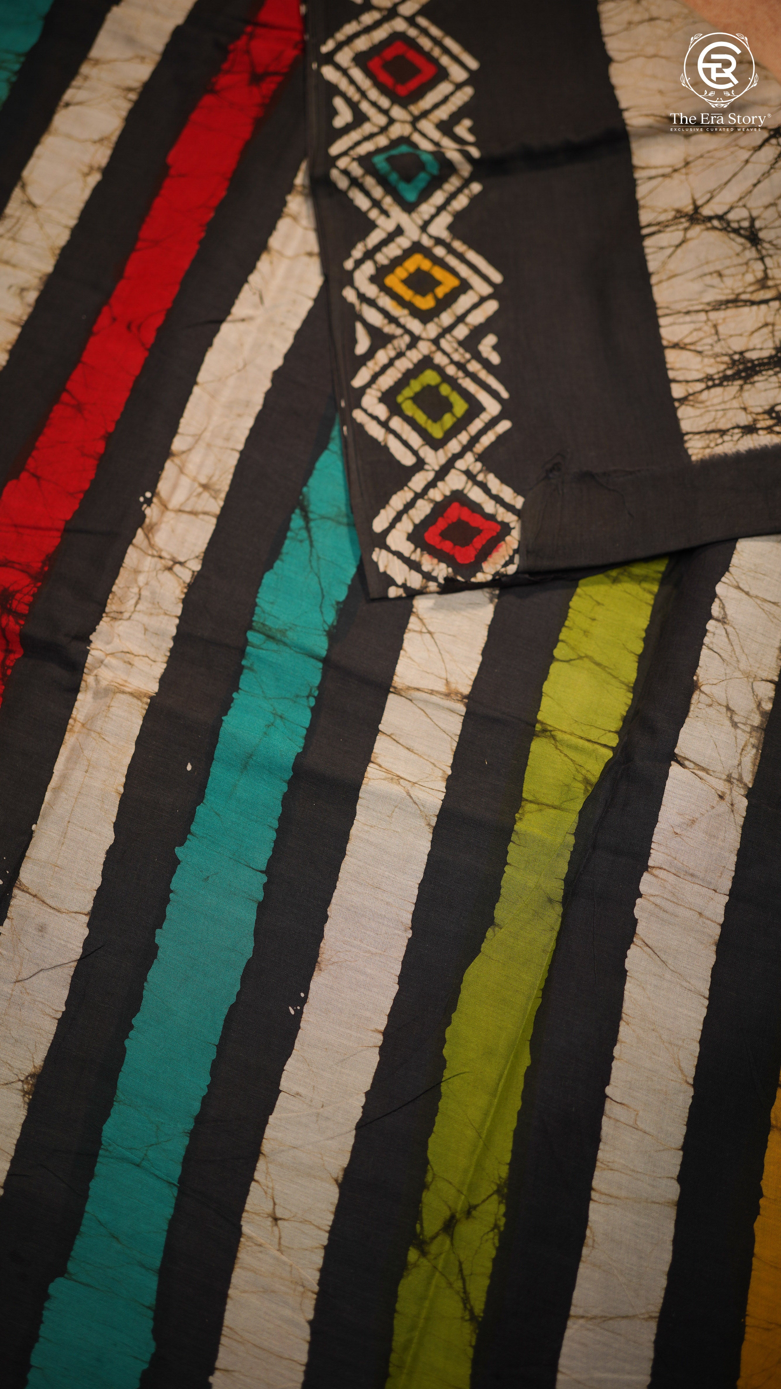 Black and Beige Multi Color Line Patterned Handblocked Pure Mul Cotton Saree