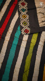 Black and Beige Multi Color Line Patterned Handblocked Pure Mul Cotton Saree