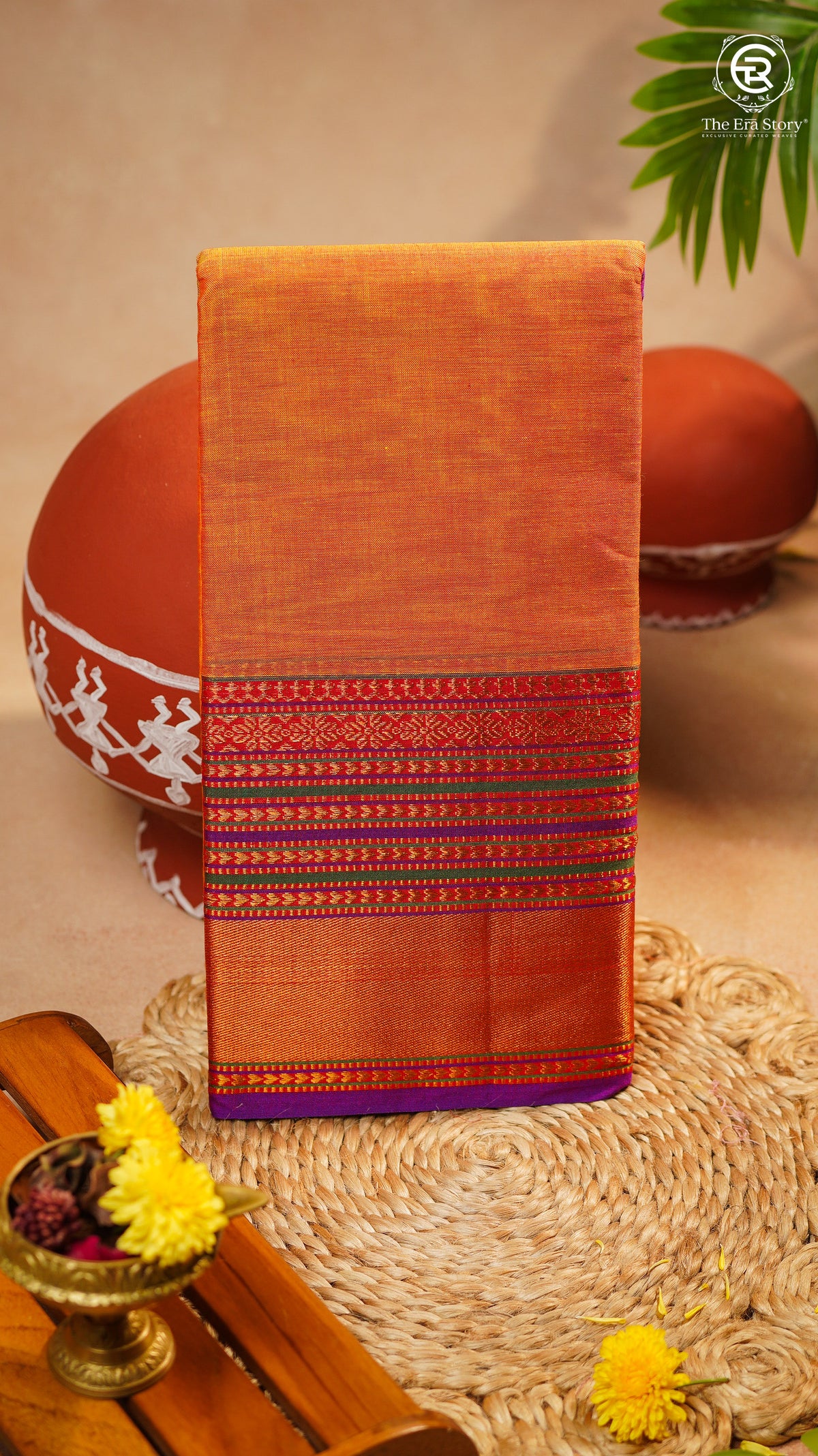Orange & Purple Gold Traditional Border Handloom Narayanpet Cotton Saree
