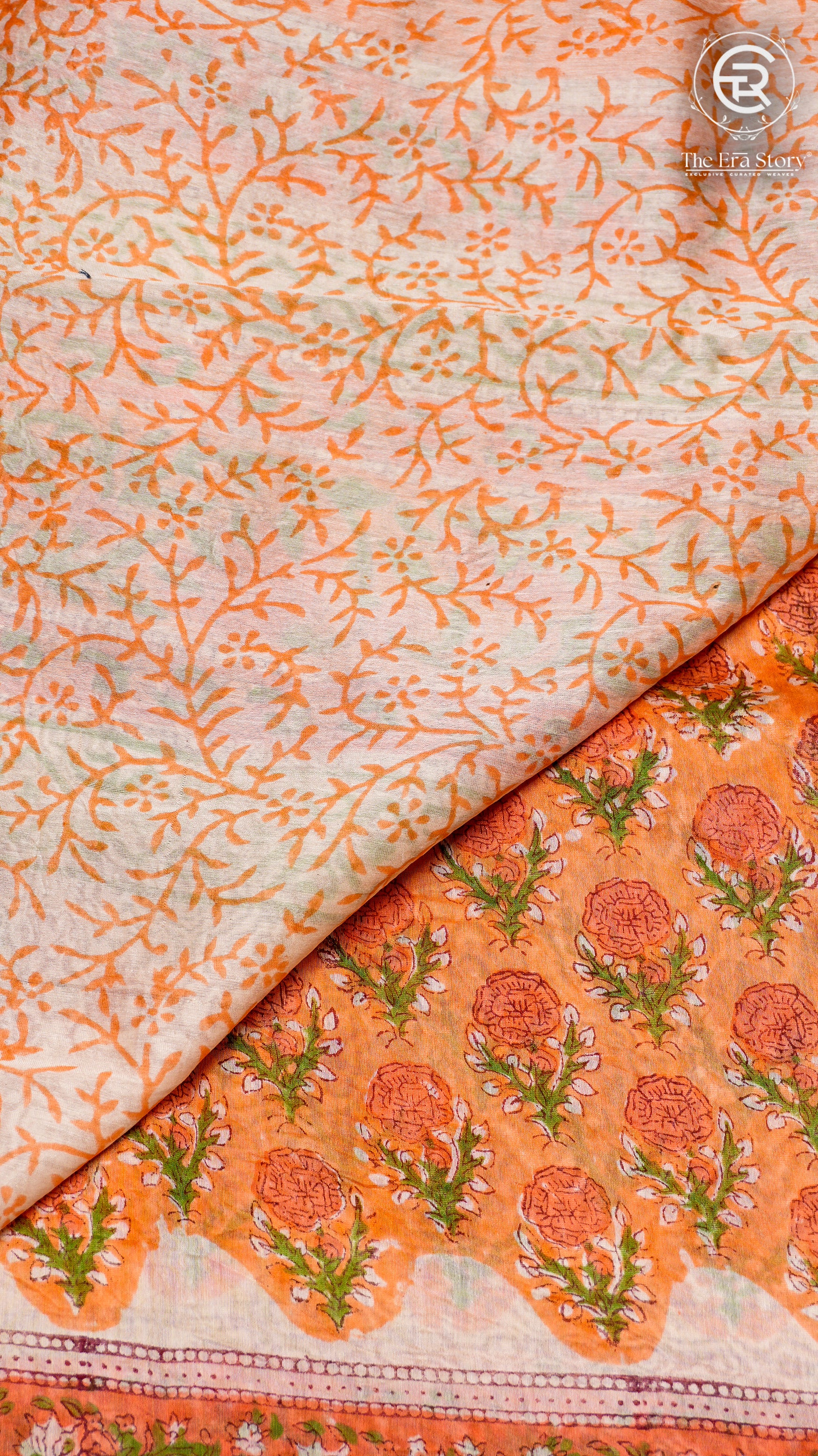 Orange Floral Handblocked Pure Maheshwari Cotton Sarees