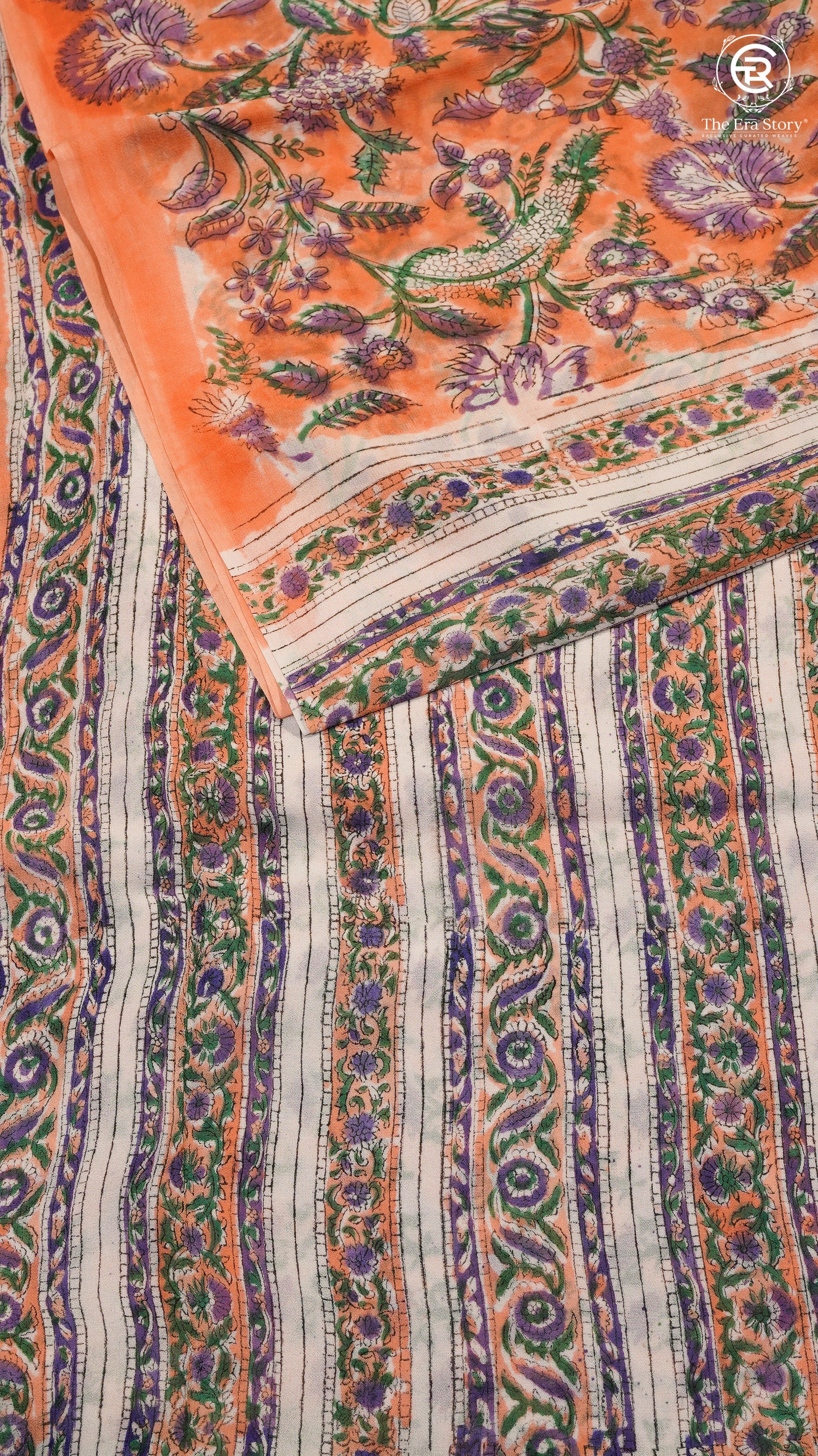Orange & Blue Floral Handblocked Pure Georgette Saree