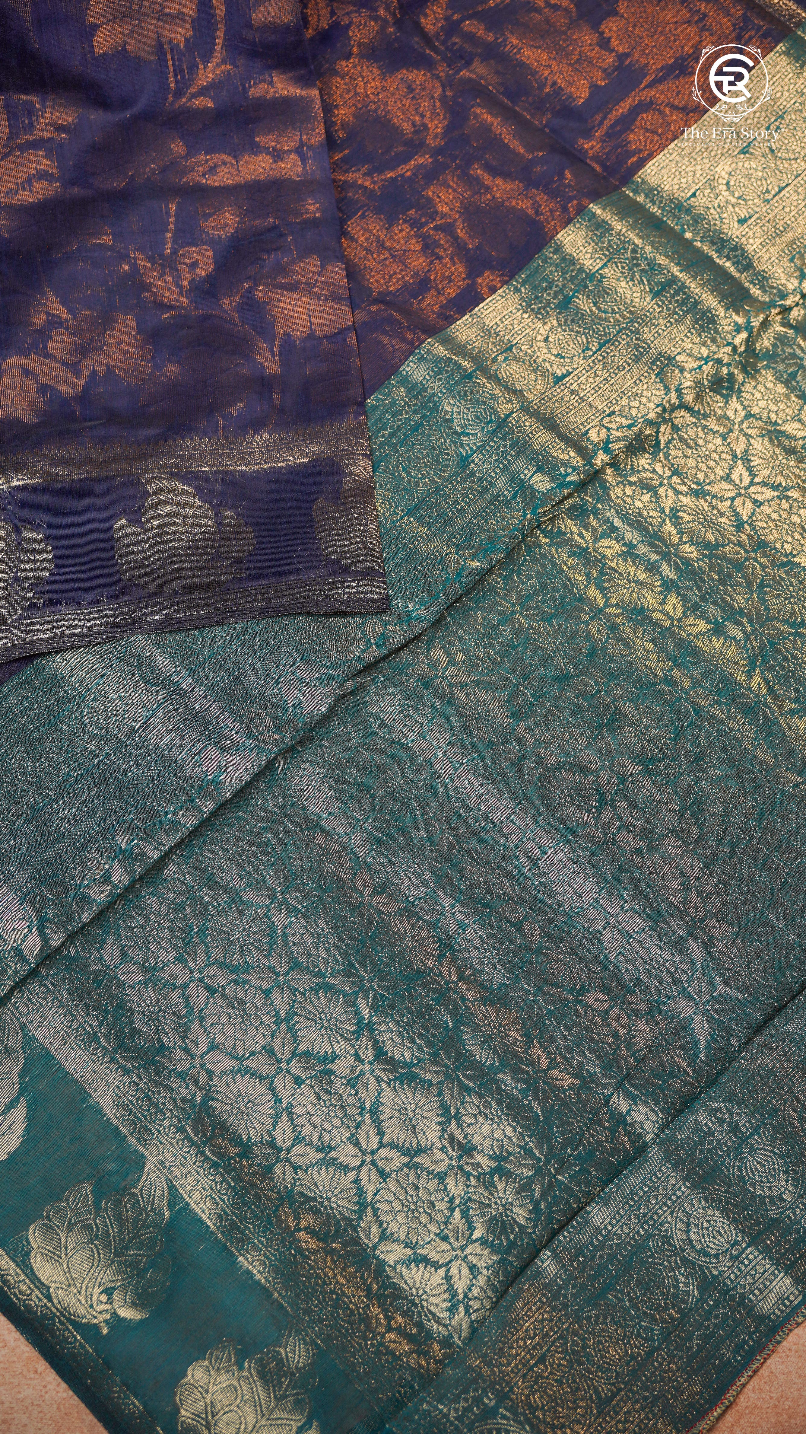 Blue & Green Floral Handloom Weaving Silk Cotton Saree