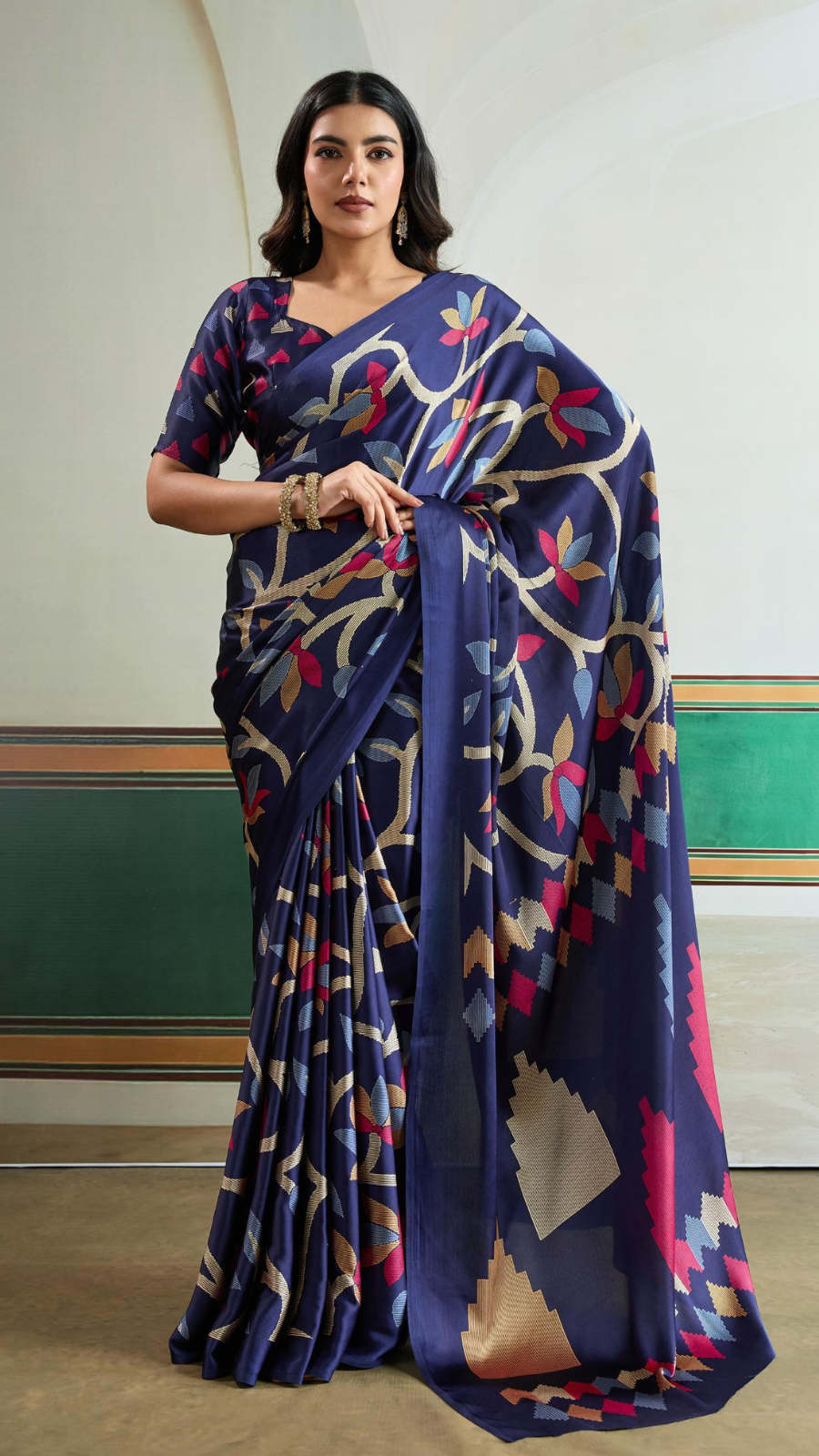 Blue Floral Pure Ajrakh Satin Crepe Silk Saree