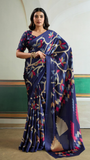 Blue Floral Pure Ajrakh Satin Crepe Silk Saree