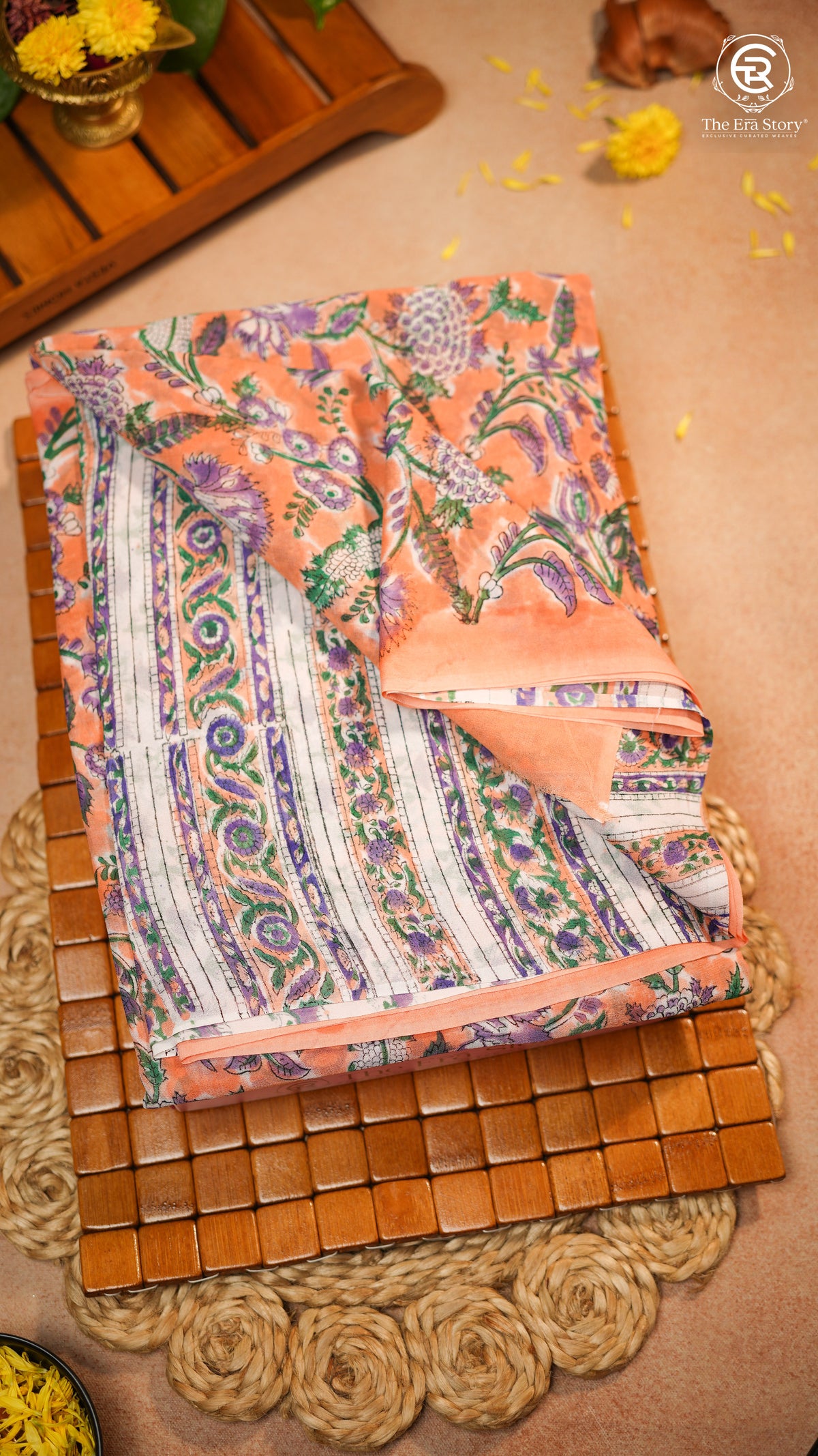 Orange & Blue Floral Handblocked Pure Georgette Saree