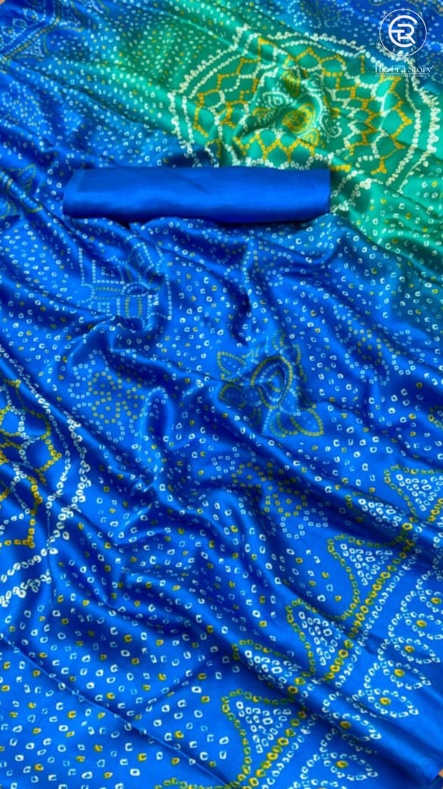 Blue Green Ajrakh Bandhini Satin Modal Silk Saree