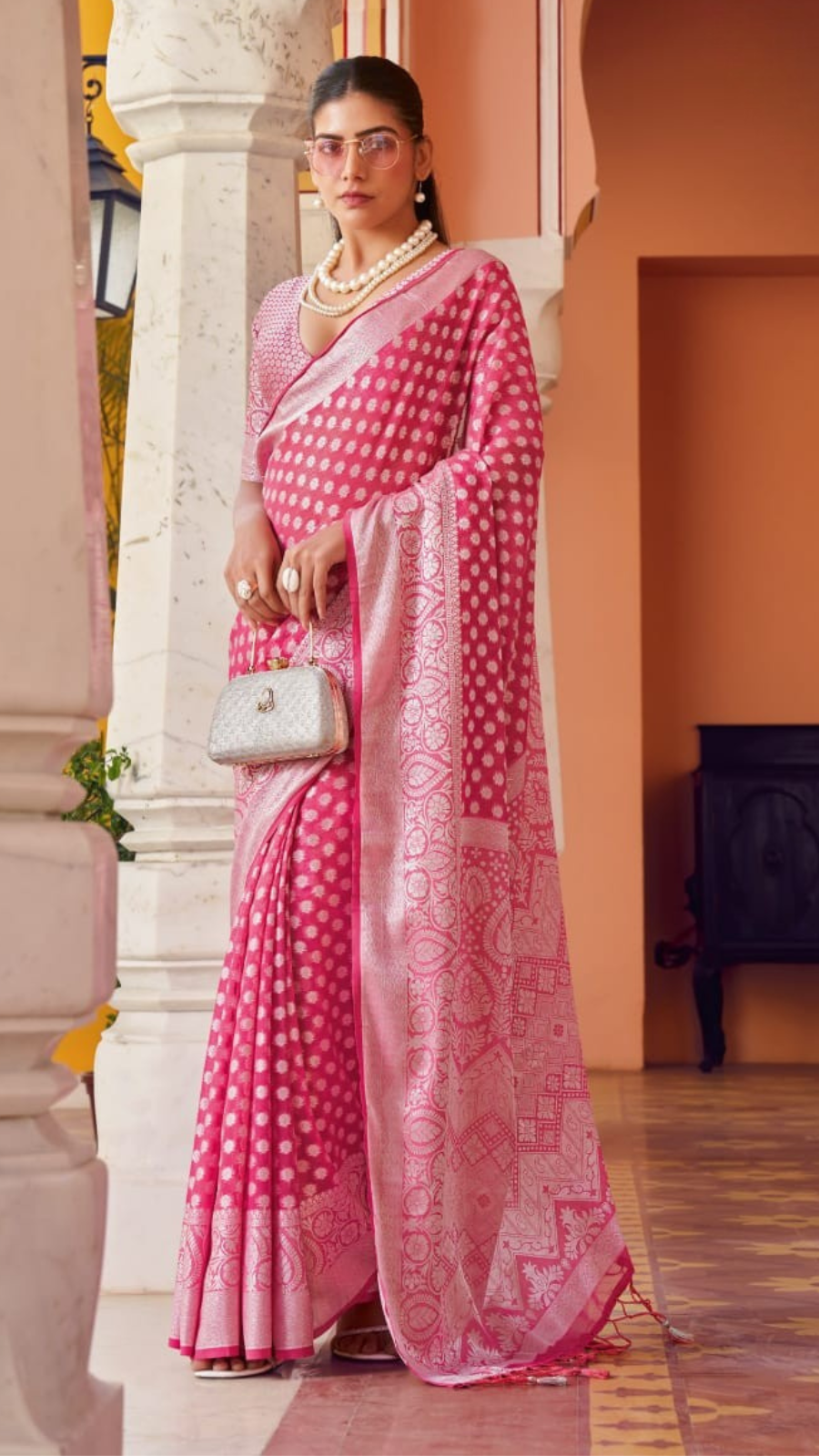 Pink Thread Weaved Floral Georgette Silk Saree