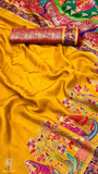 Yellow & Blue Festive Print Crepe Banarasi Saree