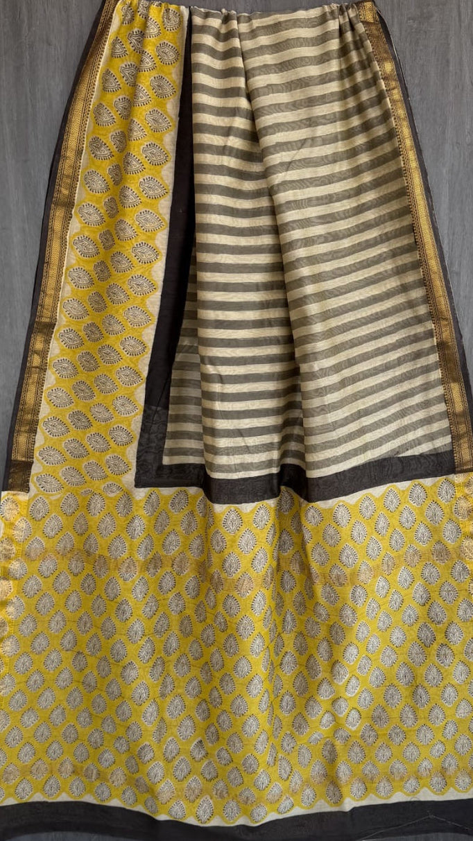 Yellow Beige Handblock Maheshwari Silk Cotton Saree