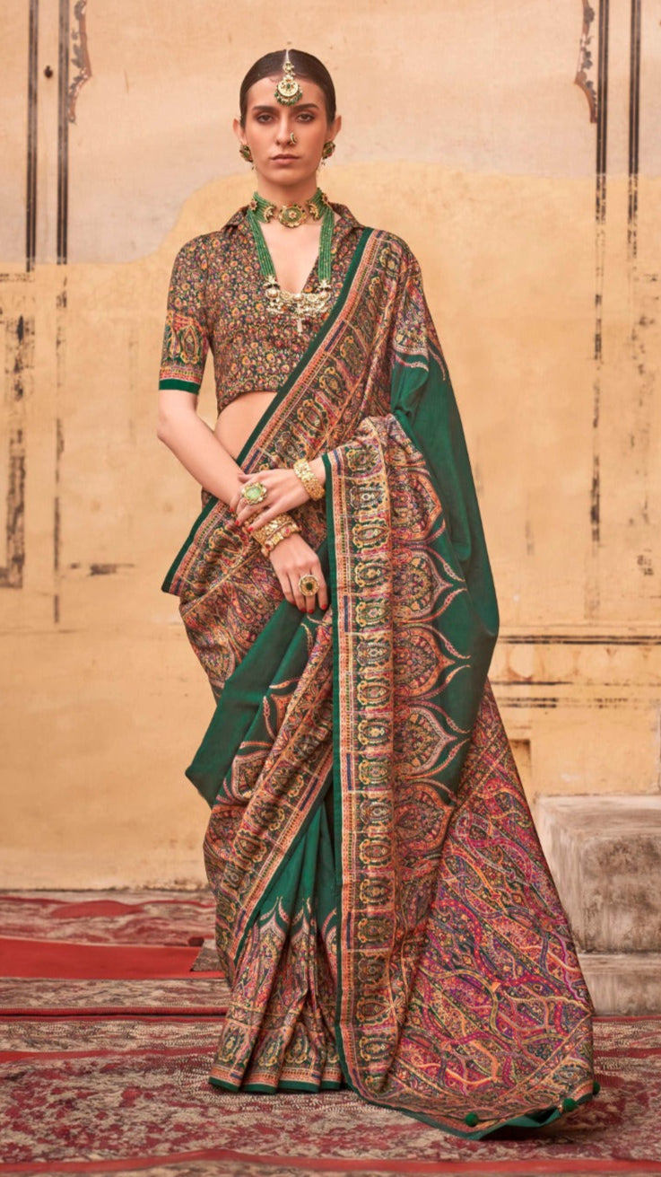 Dark Green Contemporary Border Banarasi Crepe Silk Saree
