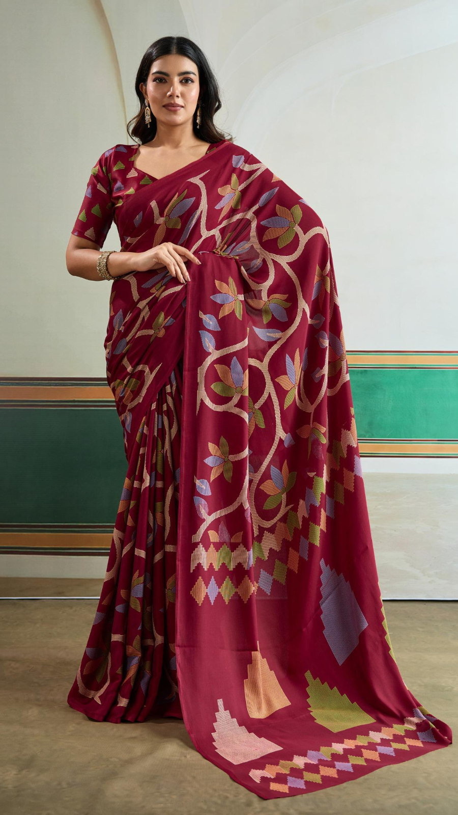 Red Floral Pure Ajrakh Satin Crepe Silk Saree