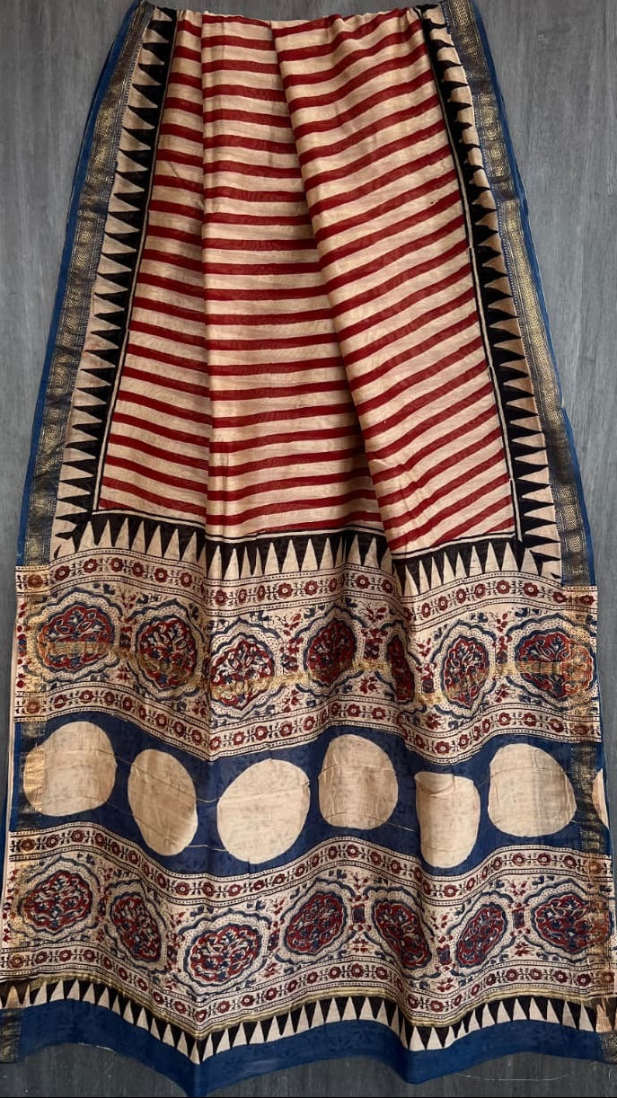Red Beige & Blue Handblock Maheshwari Silk Cotton Saree