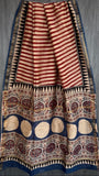 Red Beige & Blue Handblock Maheshwari Silk Cotton Saree