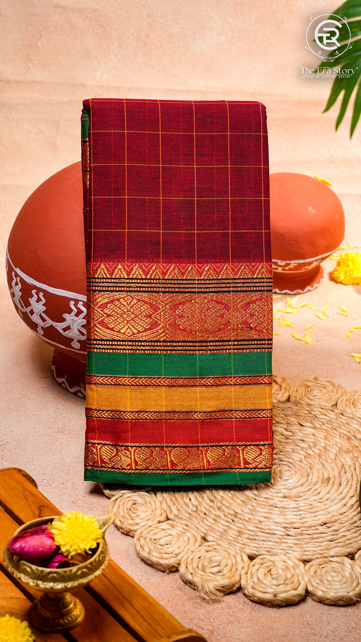 Maroon Woven Checks & Temple Border Handloom Narayanpet Cotton Saree