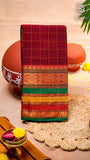 Maroon Woven Checks & Temple Border Handloom Narayanpet Cotton Saree