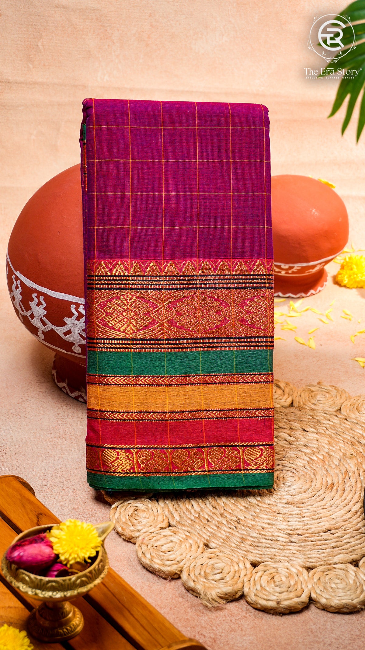 Purple Woven Checks & Temple Border Handloom Narayanpet Cotton Saree