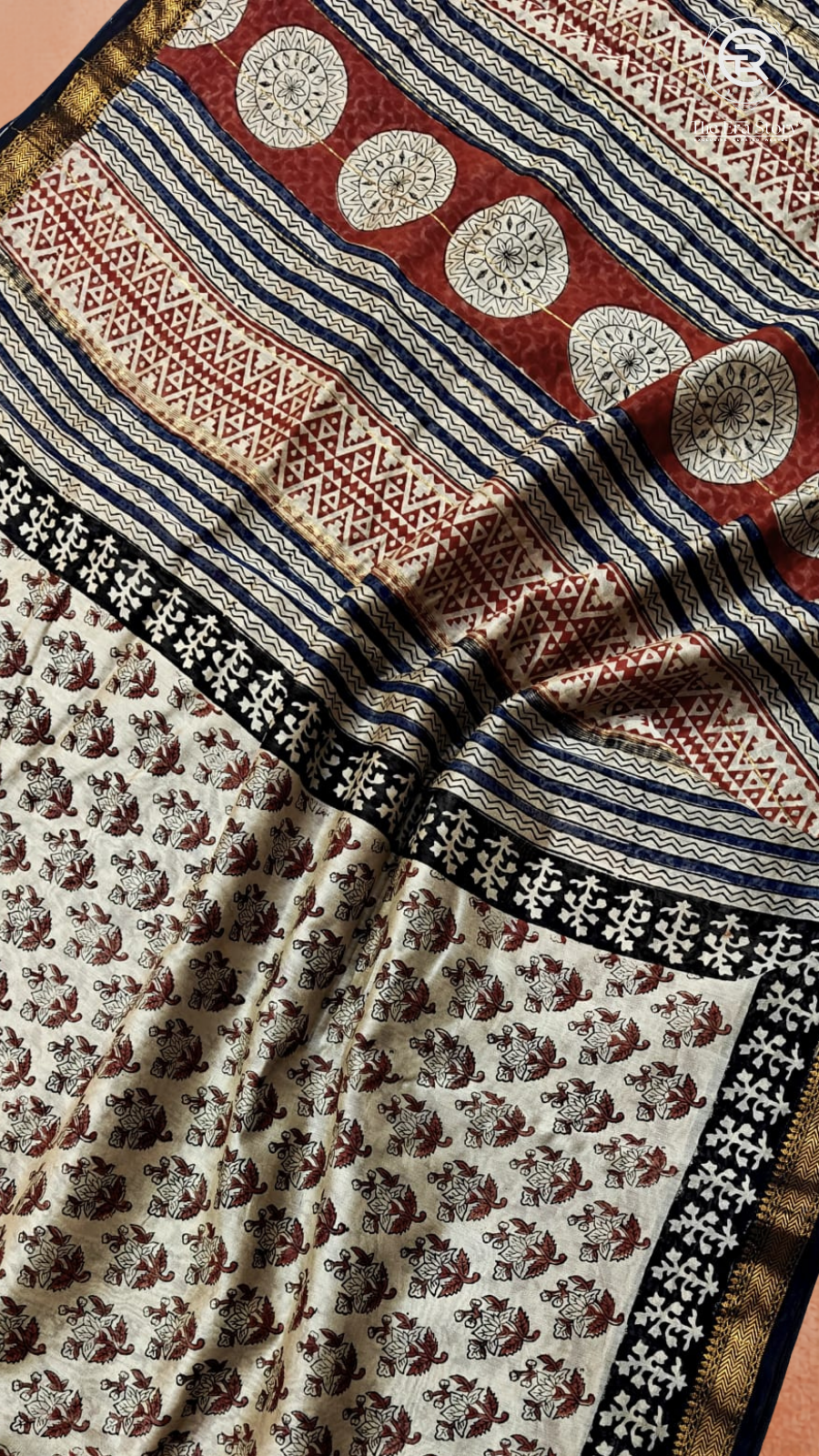 Beige & Maroon Floral Handblocked Pure Maheshwari Cotton Sarees