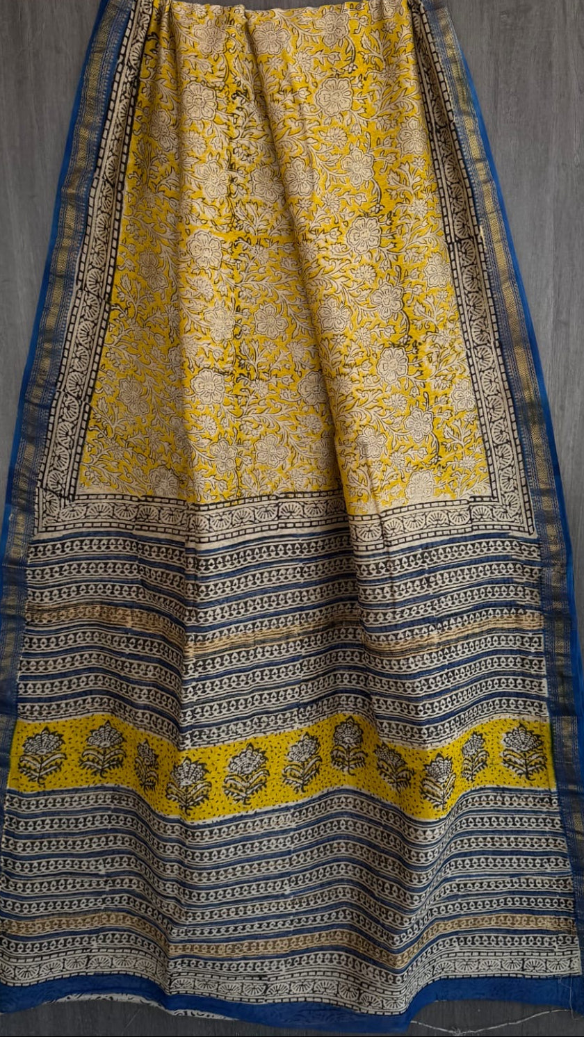 Yellow & Blue Handblock Maheshwari Silk Cotton Saree