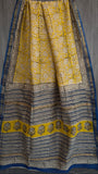Yellow & Blue Handblock Maheshwari Silk Cotton Saree