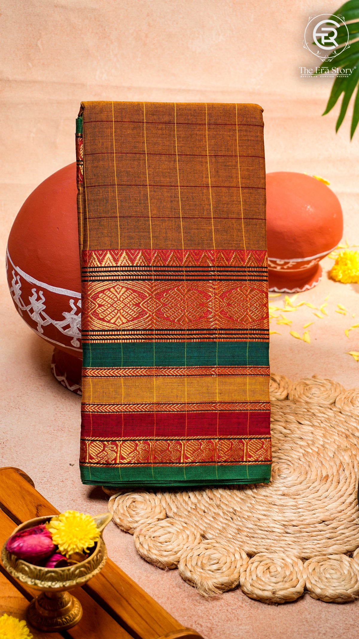 Kakhi Brown Woven Checks & Temple Border Handloom Narayanpet Cotton Saree