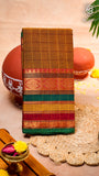 Kakhi Brown Woven Checks & Temple Border Handloom Narayanpet Cotton Saree