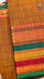 Kakhi Brown Woven Checks & Temple Border Handloom Narayanpet Cotton Saree