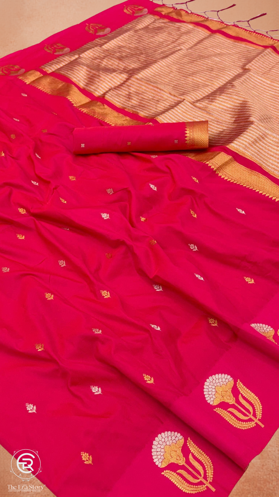 Red Floral Gold Silver Kanchi Soft Silk Saree
