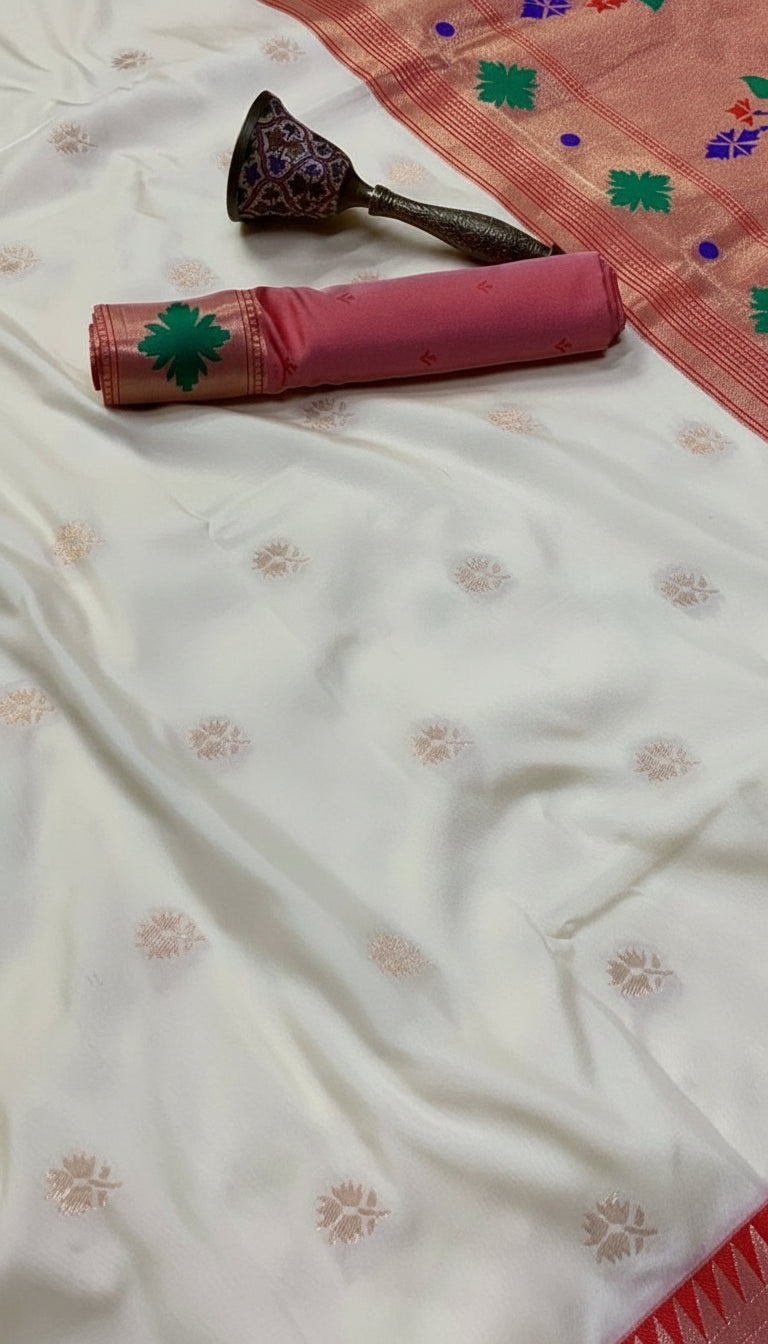 White and Red Single Muniya Floral Paithani Soft Silk Sarees