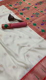White and Red Single Muniya Floral Paithani Soft Silk Sarees
