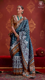 Blue & Brown Ikkat Crepe Banarasi Silk Saree