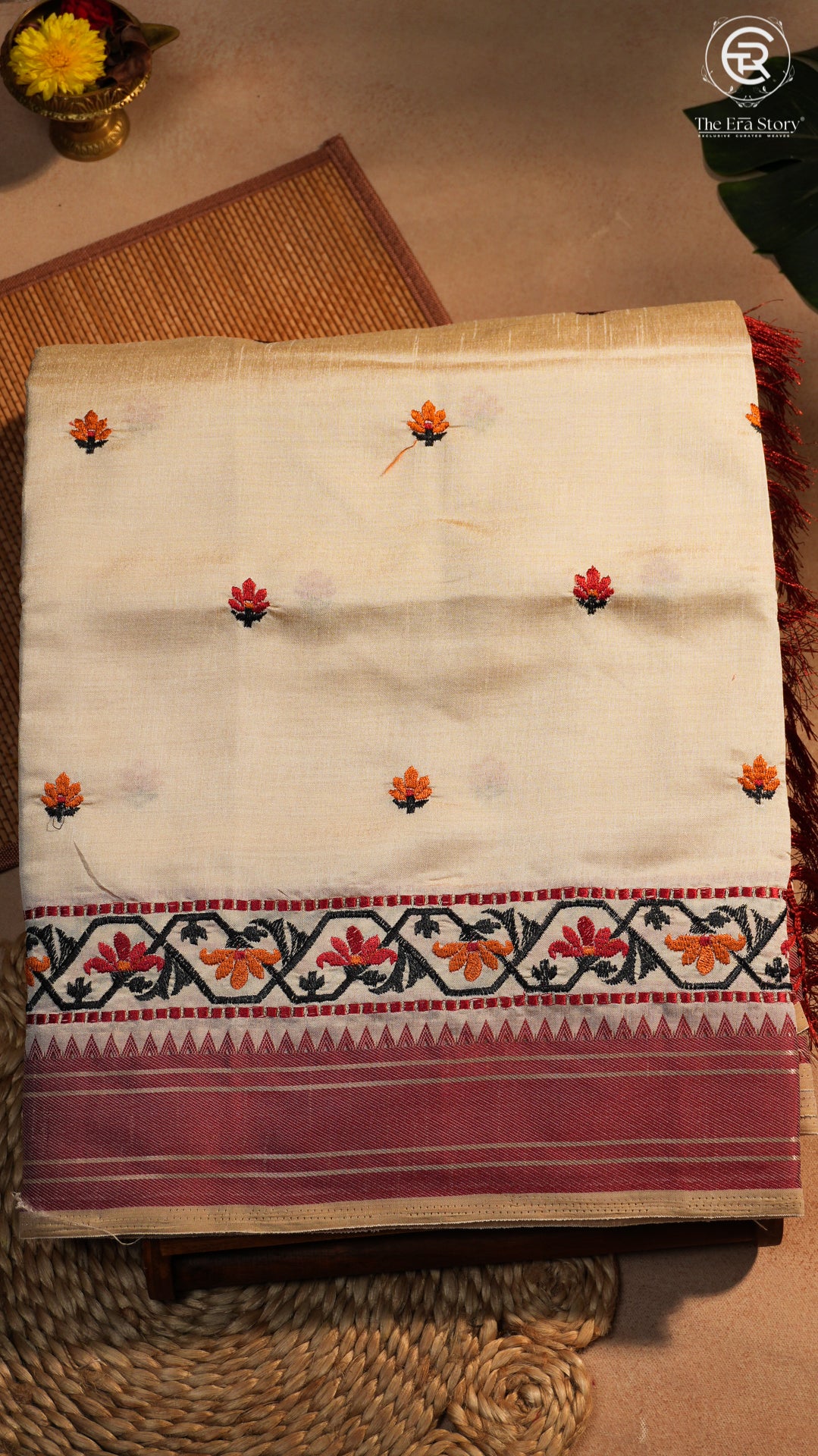Beige & Maroon Floral Jamdani Tussar Silk Saree