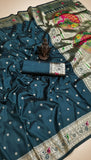 Dark Teal Blue Meenakari Peacock Paithani Soft Silk Sarees