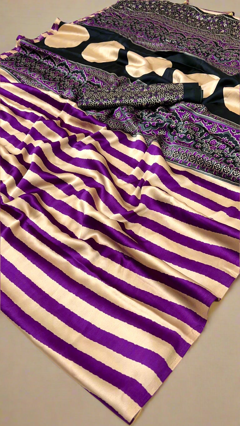 Gold and Purple Striped Ajrakh Satin Gajji Silk Saree
