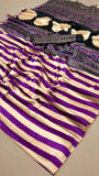 Gold and Purple Striped Ajrakh Satin Gajji Silk Saree