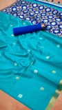 Teal Blue Star Floral Gold Silver Tussar Silk Saree